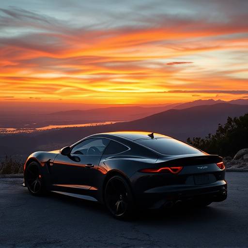 Coup√© de lujo negro estacionado con vista a un atardecer panor√°mico