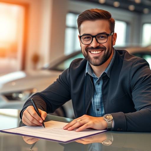 Hombre sonriendo mientras firma un contrato de financiamiento automotriz.