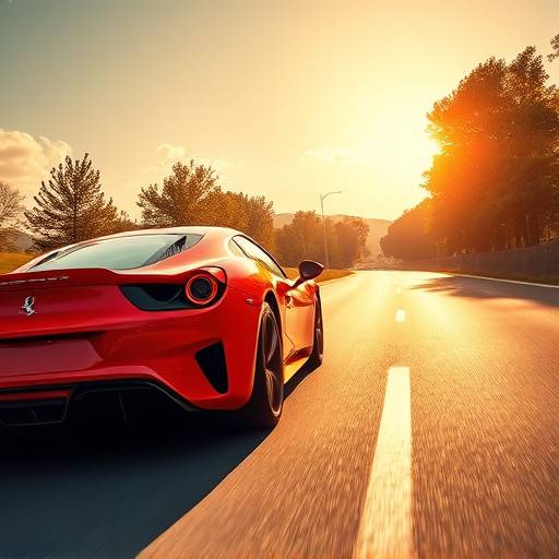 Sed√°n deportivo rojo brillante en una carretera soleada