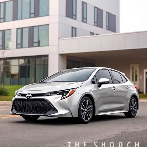 Toyota Corolla 2023, color gris, estacionado frente a un edificio moderno