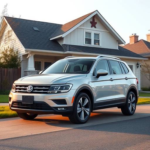 Volkswagen Tiguan 2023, color plata, frente a una casa suburbana